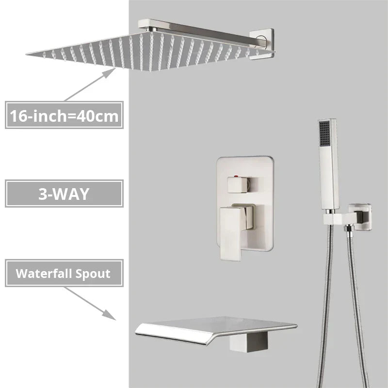 DecorBites™ Brushed Nickel Shower System with Rain Shower Head for Wall Mounted Bathroom