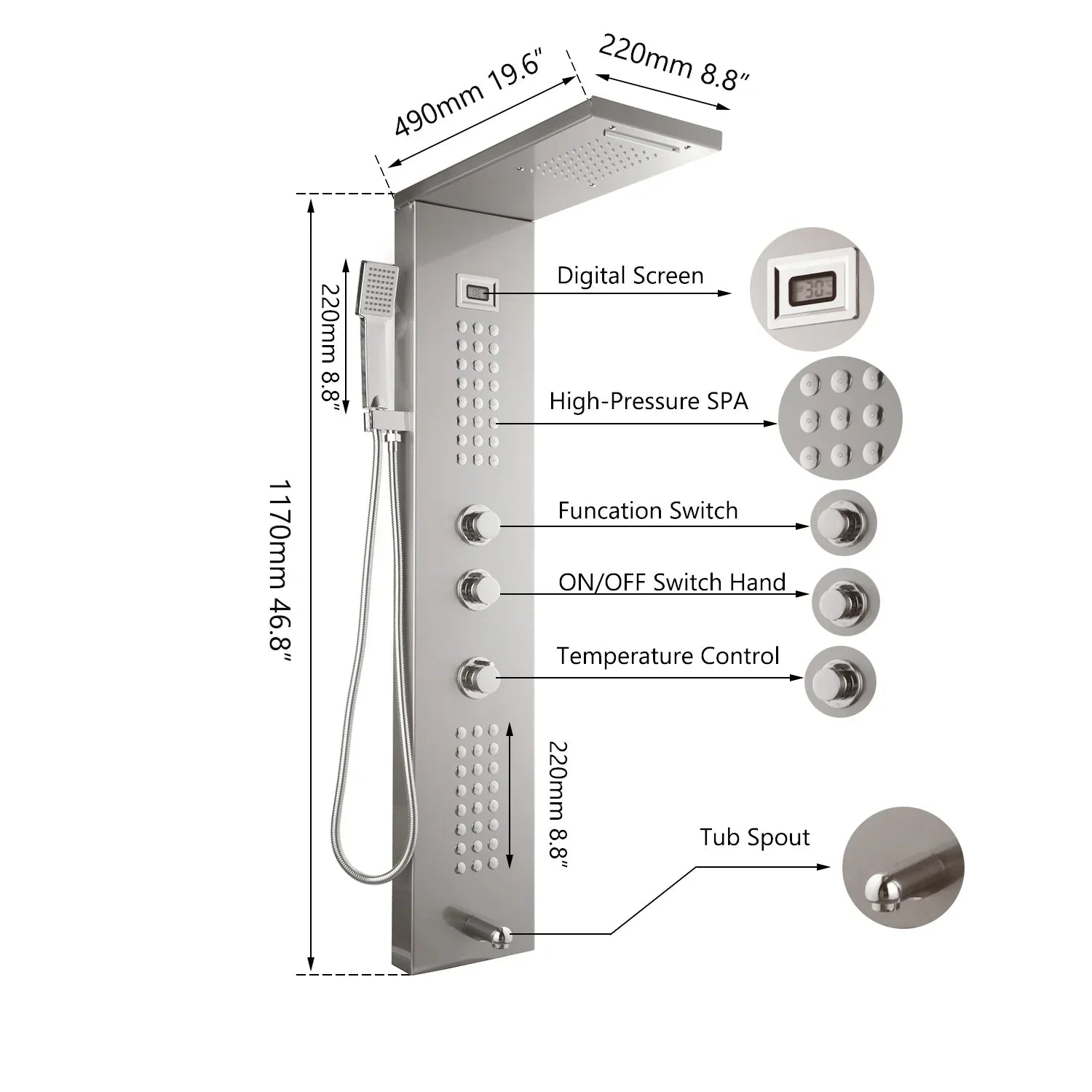 DecorBites™ Brushed Nickel Shower Column with Hand Shower, Tub Spout, and Massage System