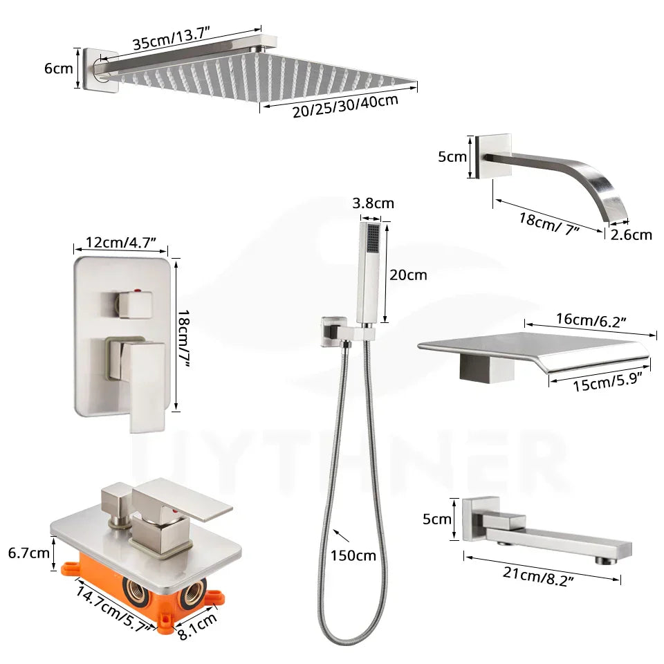 DecorBites™ Brushed Nickel Shower System with Rain Shower Head for Wall Mounted Bathroom