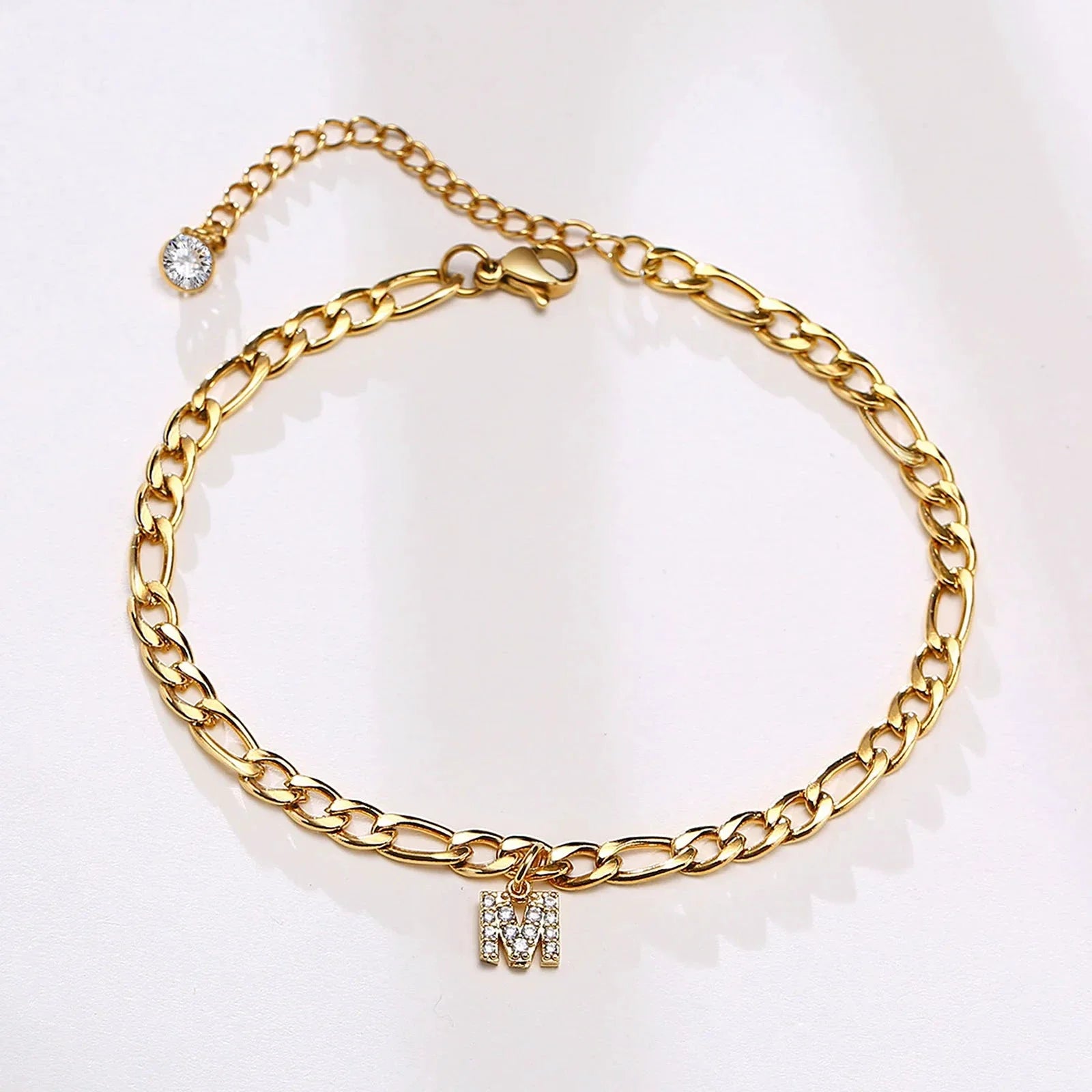 Mandotos Crystal A Z Letter Initial Anklets For Women Cuban Link Stainless Steel Beach Anklet
