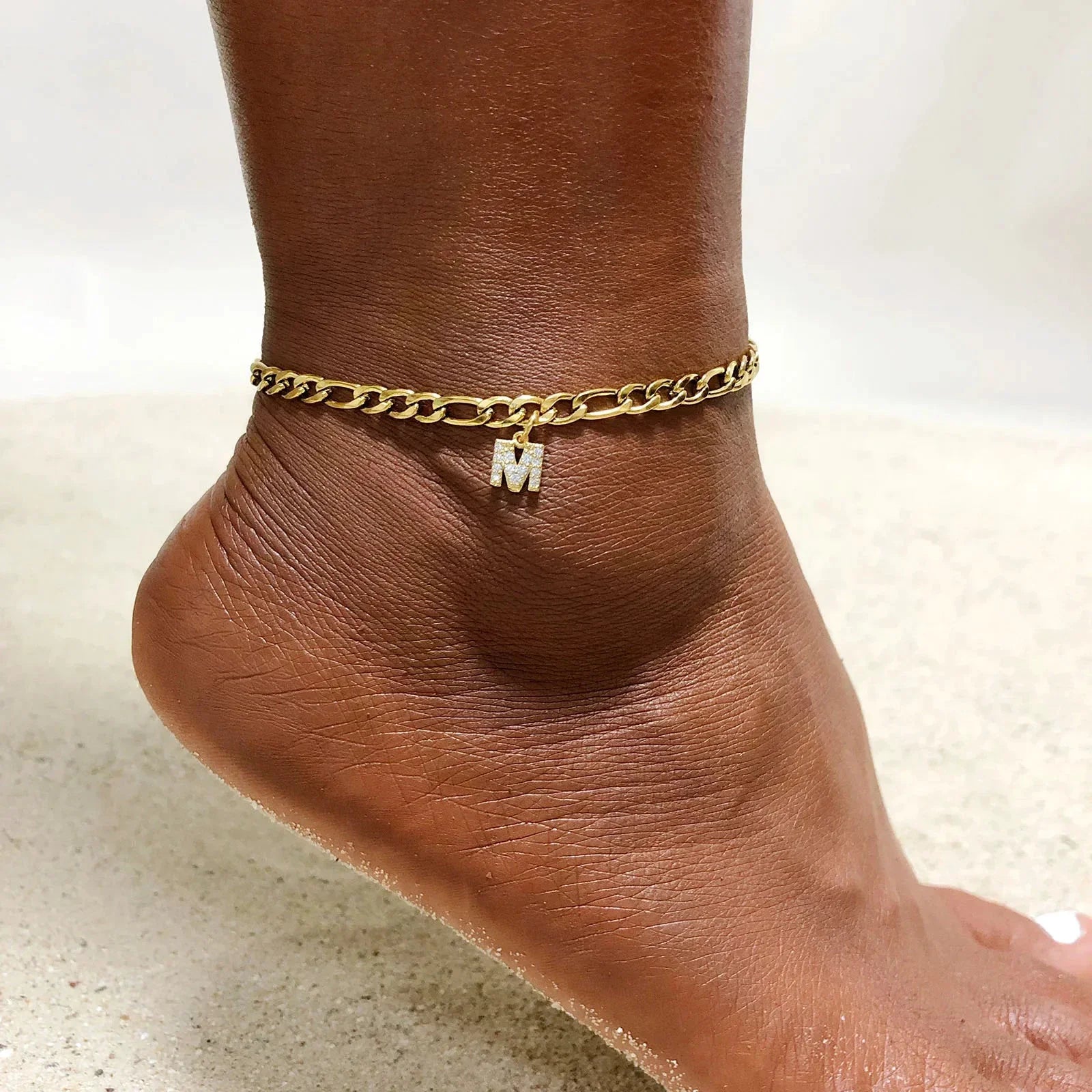 Mandotos Crystal A Z Letter Initial Anklets For Women Cuban Link Stainless Steel Beach Anklet