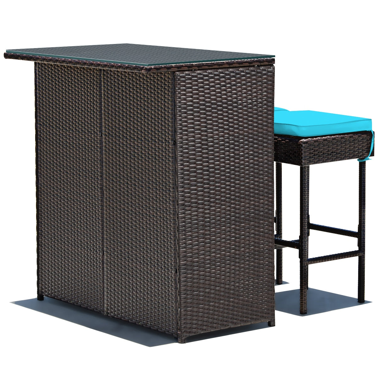 3PCS Patio Rattan Wicker Bar Table Stools Dining Set Cushioned Chairs Garden HW62380