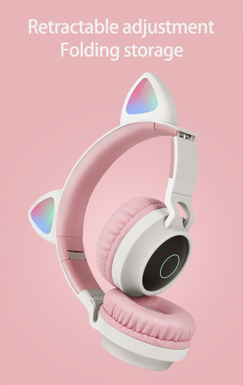 LED Light Wireless Headset with Cat Ear Design - Music Headphones for Girls, Daughters, Bluetooth Headset with TF Card Support and FM Radio