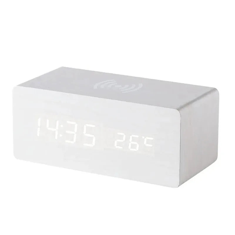 Wooden Digital Alarm Clock with Wireless Charging LED Clock with Time Date Temperature Desk Clocks for Office Bedside Clock