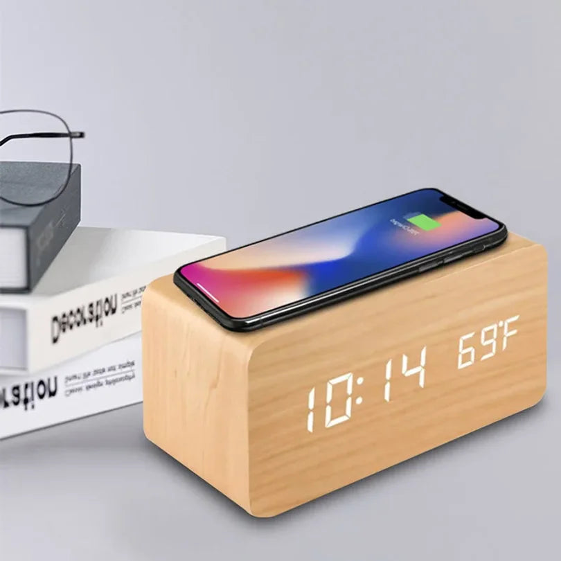 Wooden Digital Alarm Clock with Wireless Charging LED Clock with Time Date Temperature Desk Clocks for Office Bedside Clock