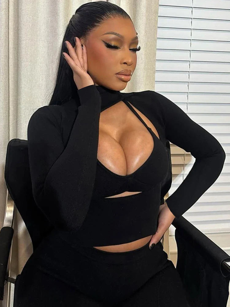 Low-Neck Camisole+Turtleneck Hollow Full Sleeve Crop Tops+Skinny Pants