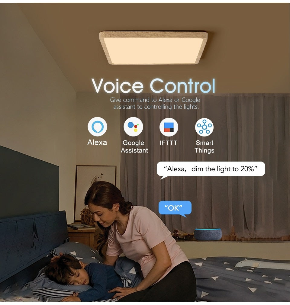 Smart Wood Grain LED Ceiling Lamp: Tuya App & Voice Control, Alexa/Google Compatible, Remote Control, Stylish Square Ceiling Light for Living Room