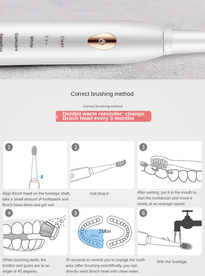 Jianpai Adult Black White Classic Acoustic Electric Toothbrush Adult 5-gear Mode USB Charging IPX7 Waterproof Acoustic Electric