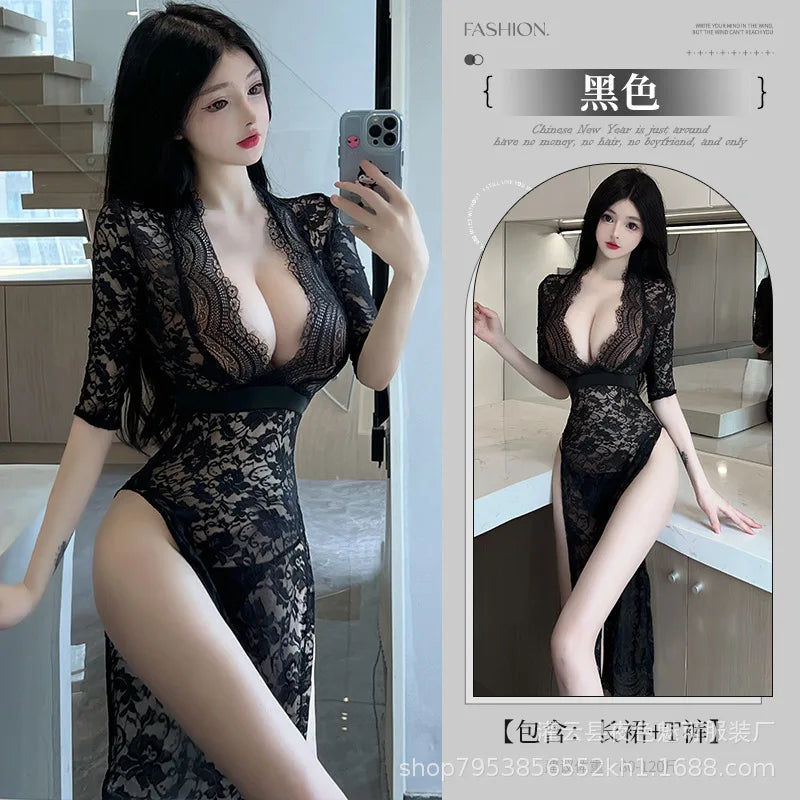 Vestido largo de encaje transparente sexy y elegante para damas, moda coreana, 2024.
