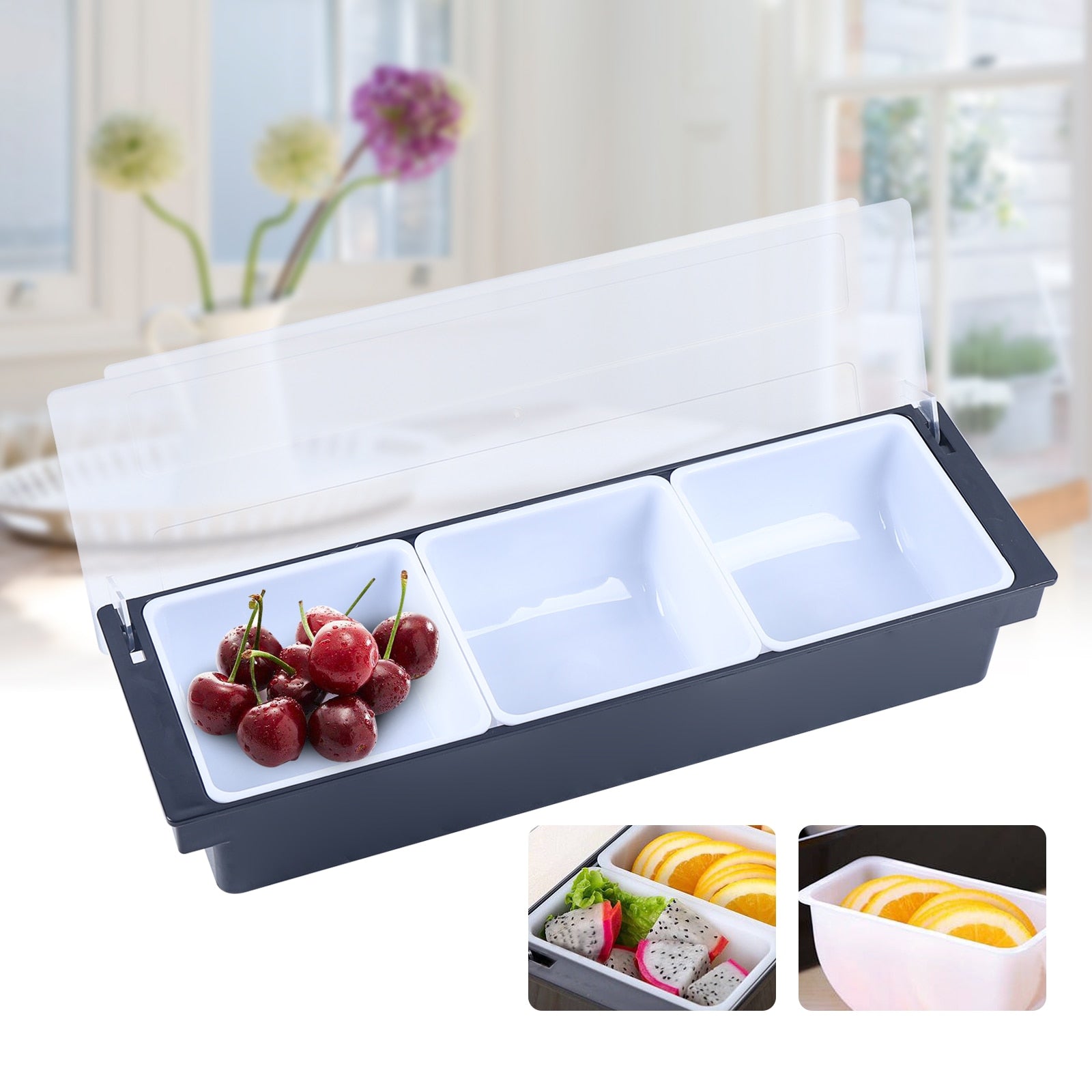Condiment Server Condiment Dispenser Tray With Hinged Cover Strip Fruit Box Three Trays Suitable For Restaurant Buffet And Bar