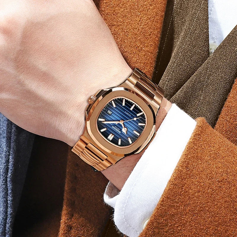 New Casual Business Rose Gold Clock Men Luxury Watch Automatic Watches Mens Top Fashion Quartz Wristwatches Gifts Reloj Hombre