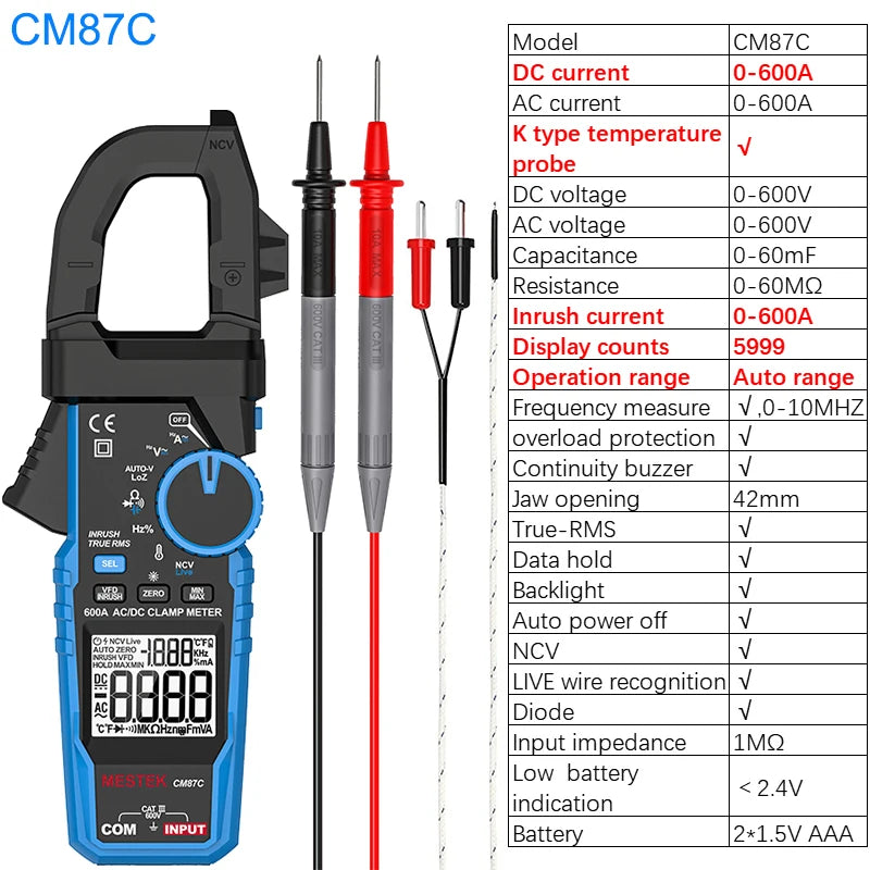 Mestek CM87Pro Clamp Meter 1000A 1000V AC DC True RMS Digital Clamp Meter Amperimetrica Capacitance Temperature Ohm Hz Tester