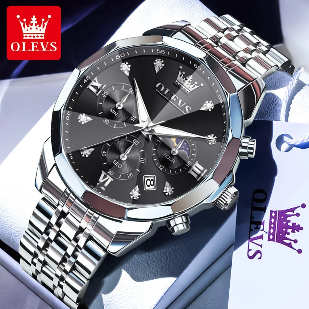 OLEVS 3670 Men's Watches Fashion Waterproof Calendar Luminous Moon Phase Quartz Watch Man Chronograph Clock