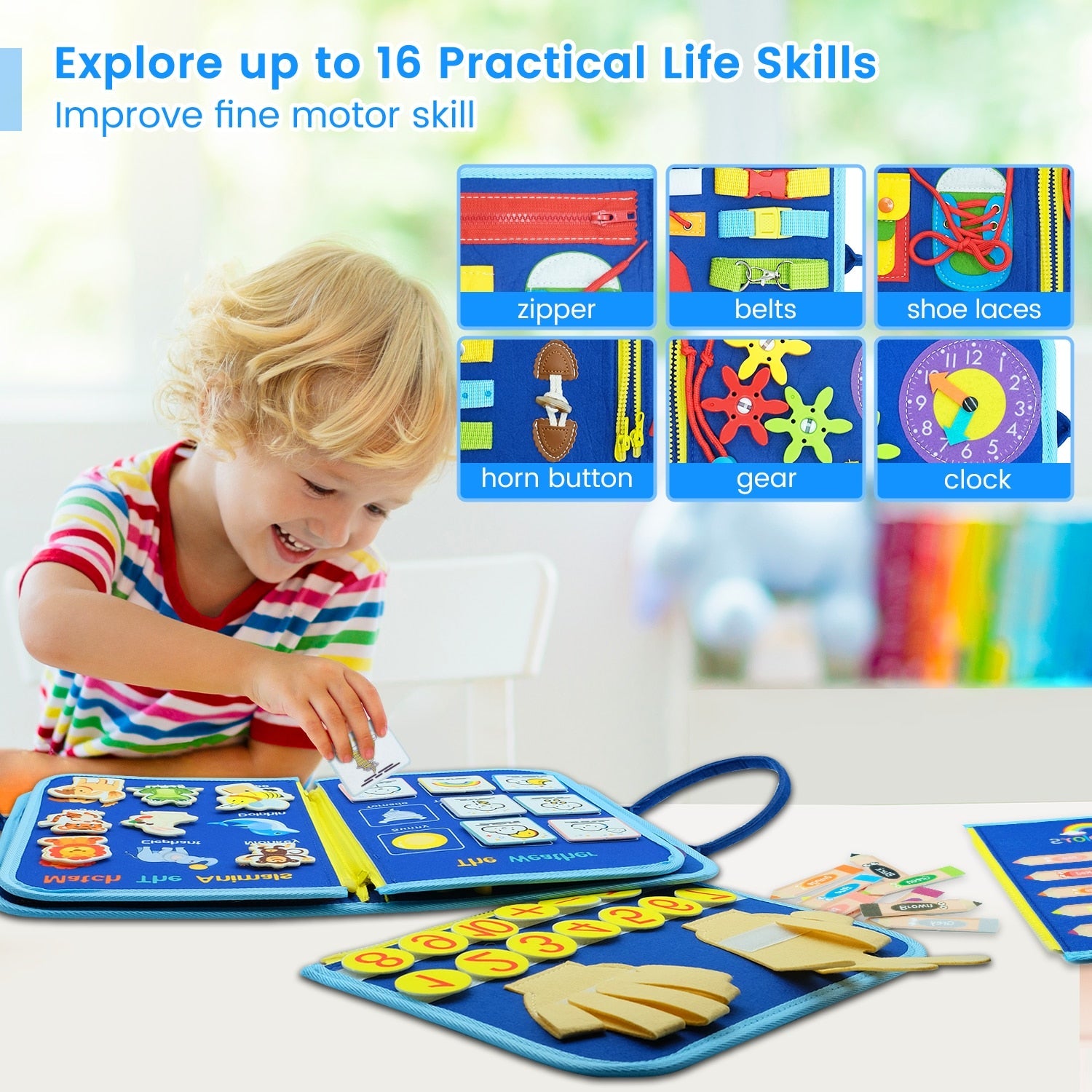 Montessori Busy Board for Toddlers - Early Educational Sensory Toys for Motor Skills, Basic Dressing, Math, Colors, Shapes, Animals, and Weather