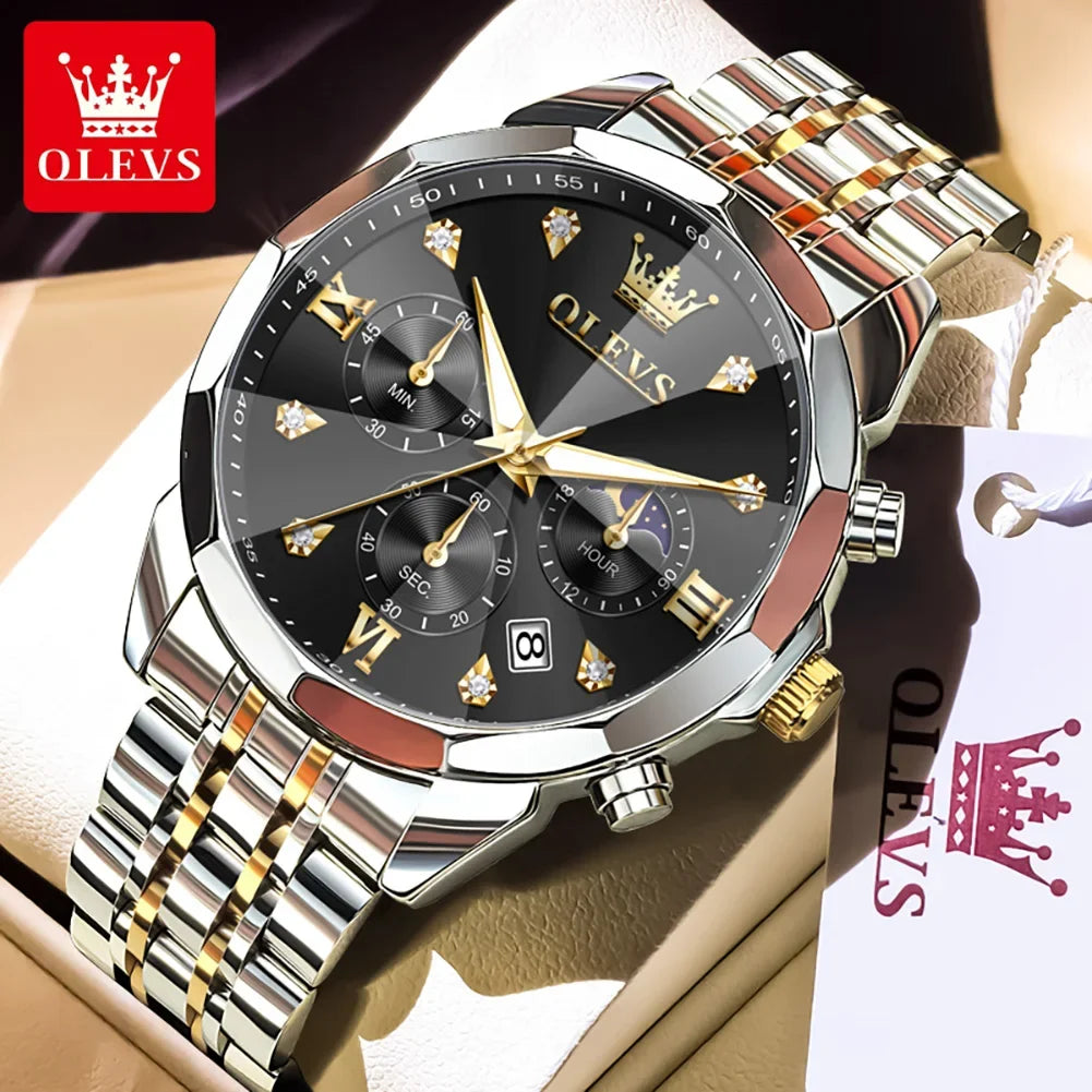 OLEVS 3670 Men's Watches Fashion Waterproof Calendar Luminous Moon Phase Quartz Watch Man Chronograph Clock