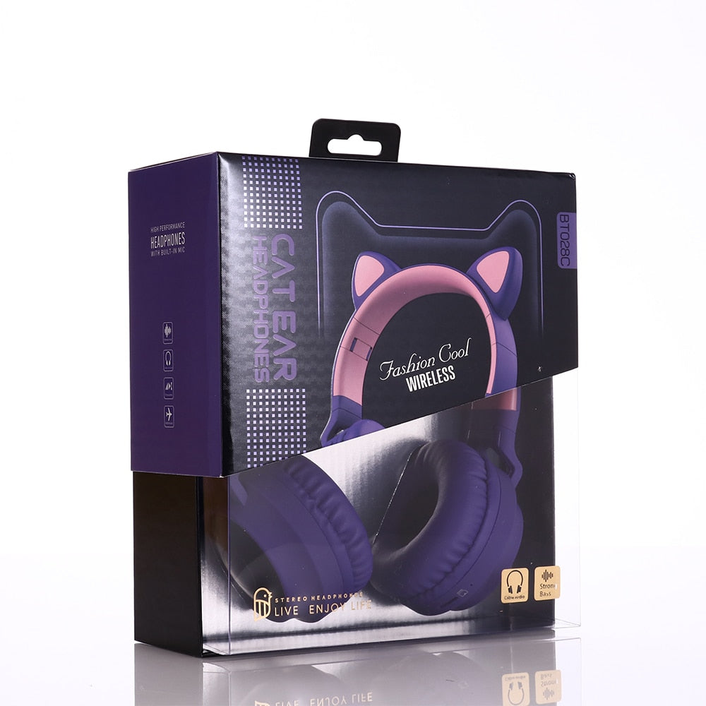 LED Light Wireless Headset with Cat Ear Design - Music Headphones for Girls, Daughters, Bluetooth Headset with TF Card Support and FM Radio