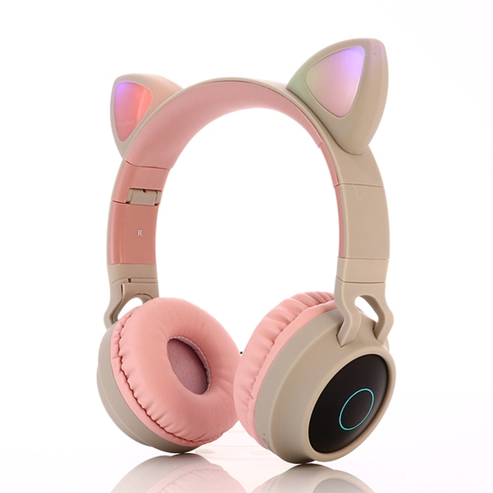 LED Light Wireless Headset with Cat Ear Design - Music Headphones for Girls, Daughters, Bluetooth Headset with TF Card Support and FM Radio