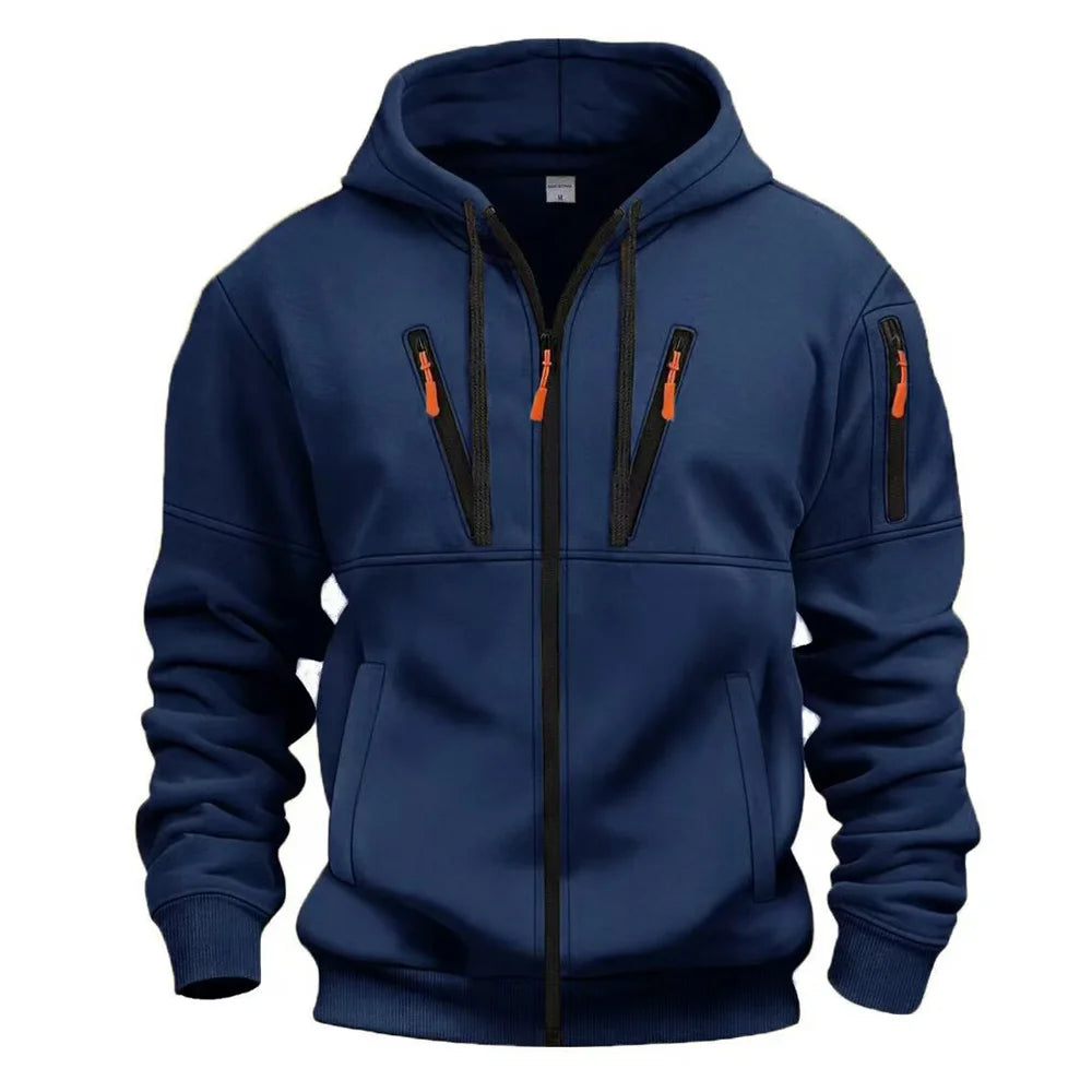 Spring Autumn New Men's Multi Pocket Casual Zipper Black Gray Khaki Hoodie Fashion Sports Street Men Sweatshirt