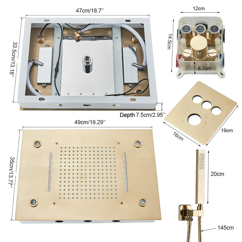 DecorBites™ Brushed Gold LED Rainfall Shower Set with Thermostatic Faucet