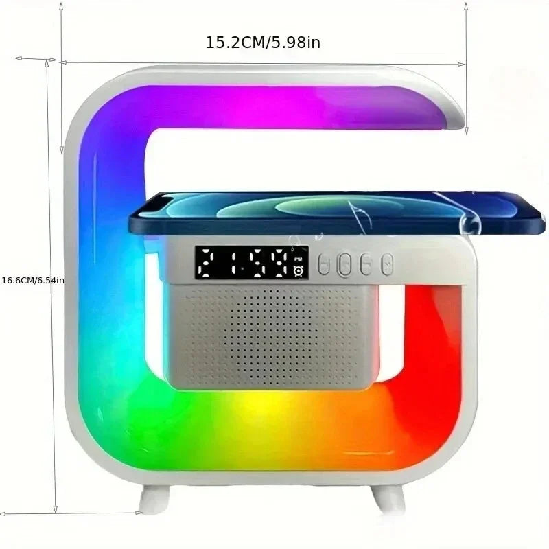 New Wireless Charger Stand Bluetooth Speaker Sound Alarm Clock RGB Ambient Light for iPhone Samsung Xiaomi