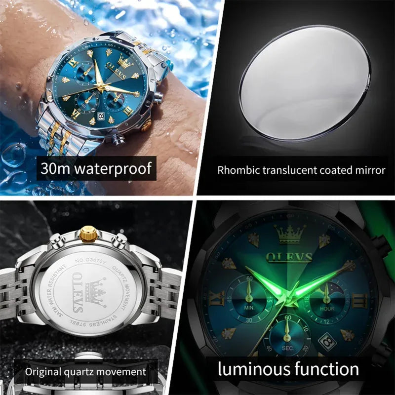 OLEVS 3670 Men's Watches Fashion Waterproof Calendar Luminous Moon Phase Quartz Watch Man Chronograph Clock