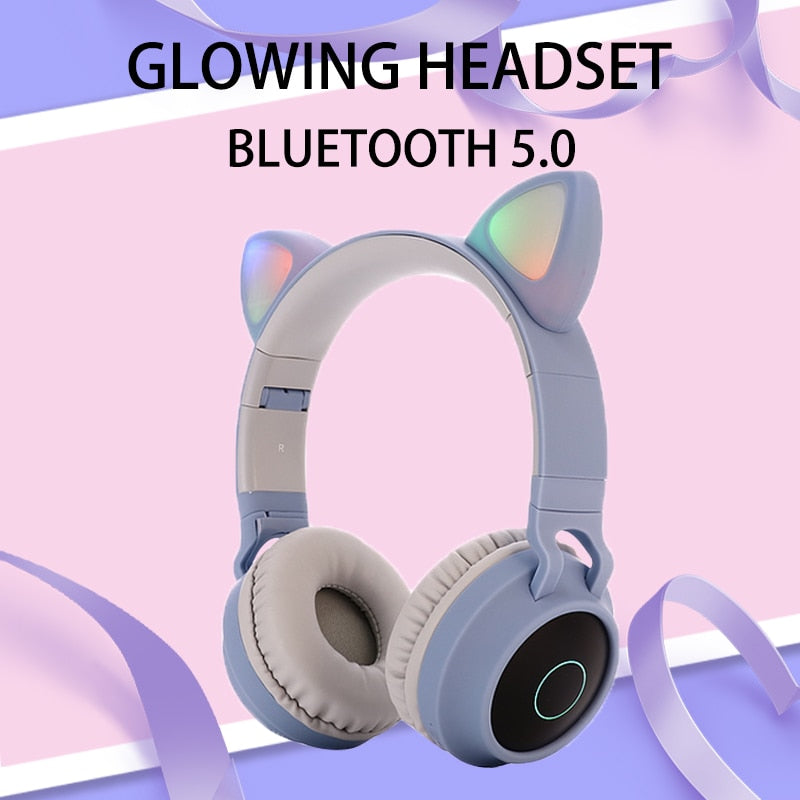 LED Light Wireless Headset with Cat Ear Design - Music Headphones for Girls, Daughters, Bluetooth Headset with TF Card Support and FM Radio