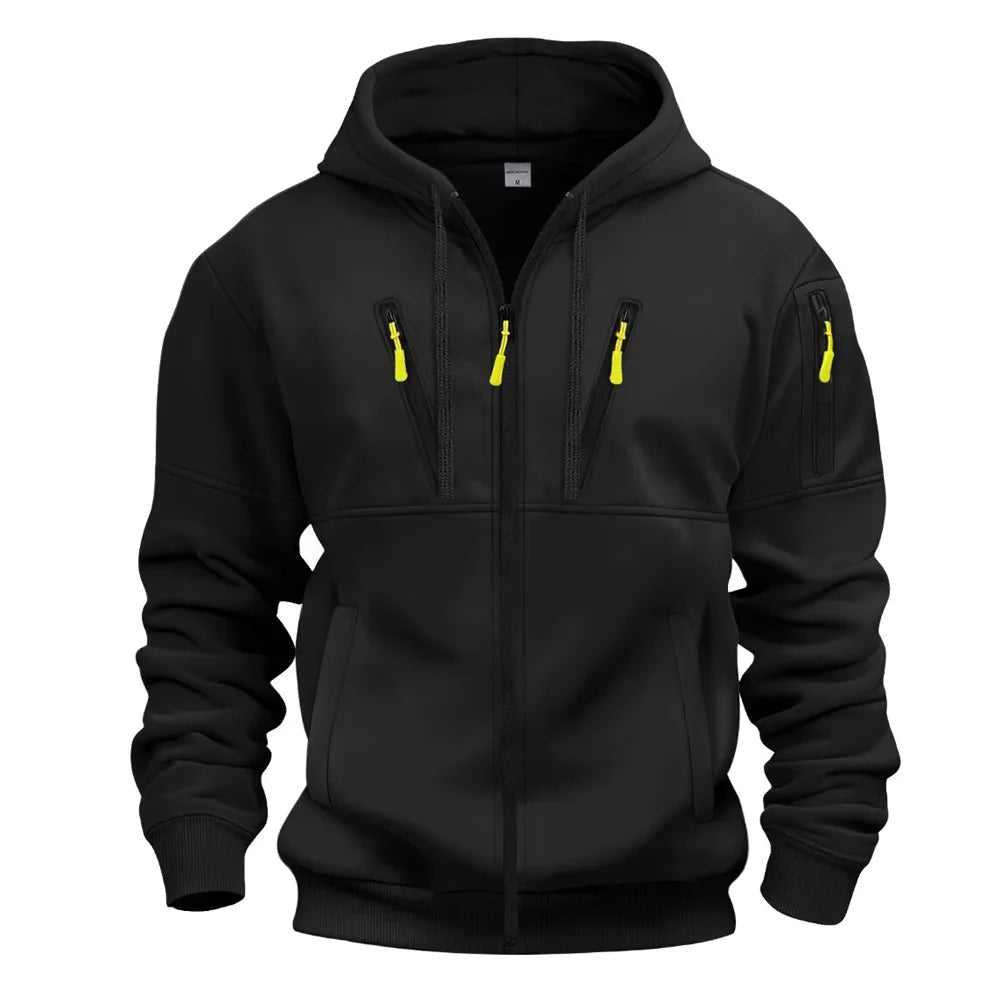 Spring Autumn New Men's Multi Pocket Casual Zipper Black Gray Khaki Hoodie Fashion Sports Street Men Sweatshirt