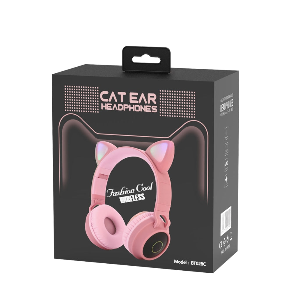 LED Light Wireless Headset with Cat Ear Design - Music Headphones for Girls, Daughters, Bluetooth Headset with TF Card Support and FM Radio