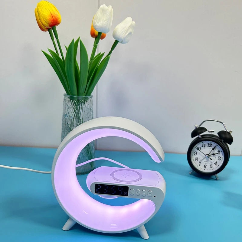 Multi-functional Desktop Clock Alarm Bluetooth Speaker Creativity RGB Night Light Wireless Charger Station For iPhone Samsung
