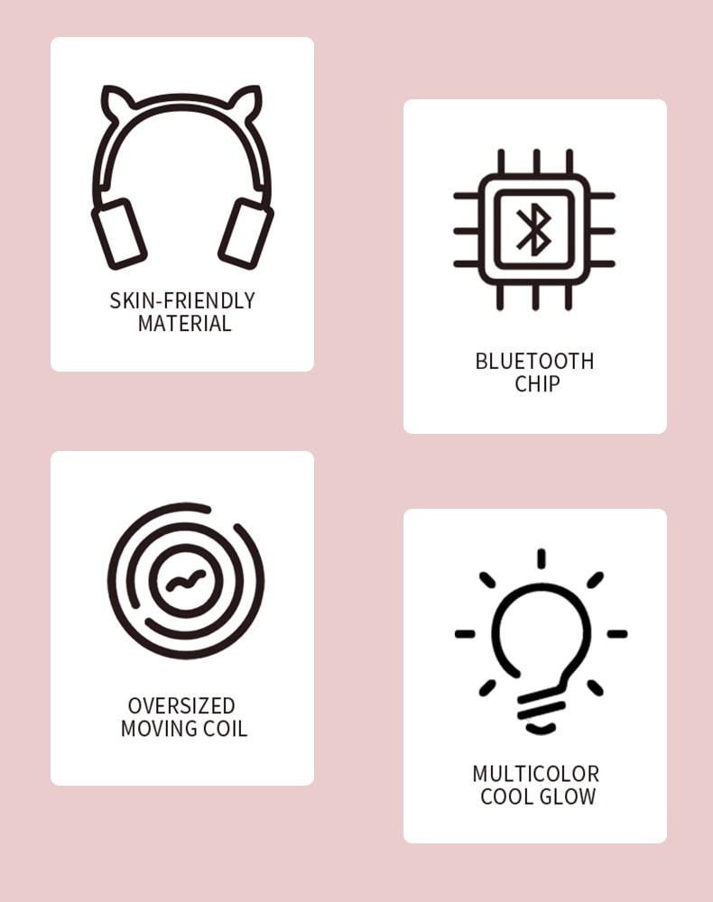 LED Light Wireless Headset with Cat Ear Design - Music Headphones for Girls, Daughters, Bluetooth Headset with TF Card Support and FM Radio