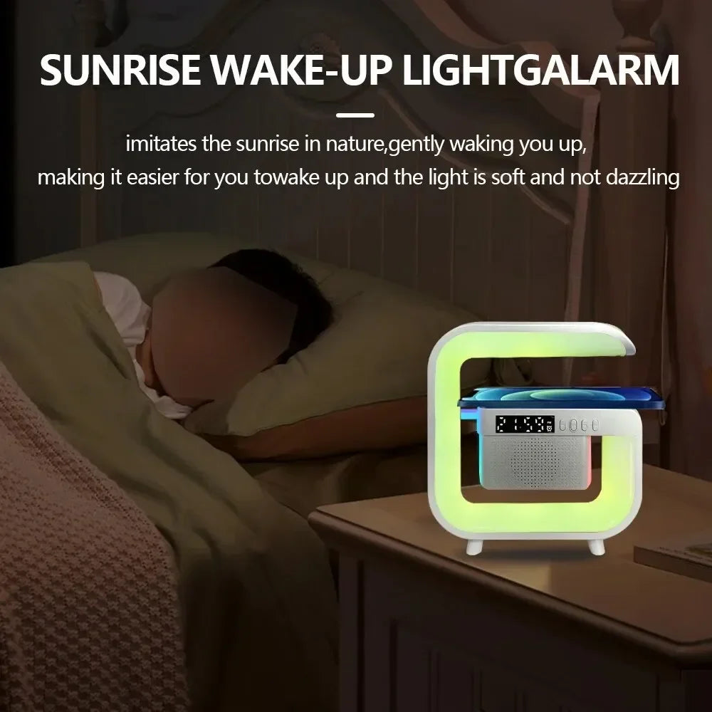 New Wireless Charger Stand Bluetooth Speaker Sound Alarm Clock RGB Ambient Light for iPhone Samsung Xiaomi