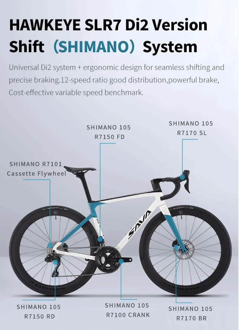 SAVA 2025NEW HAWKEYE SLR7 Carbon Fiber Road Bike with Shimano 105 DI2 R7170 Component Hydraulic Discs, Complete Adult Racing Set