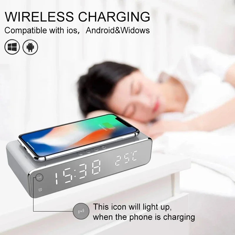 LED Digital Date Thermometer Time Alarm Desk Table Clock Alarm 3 in 1 Wireless Charging Stand for iPhone 12 13 14 15 16 Samsung
