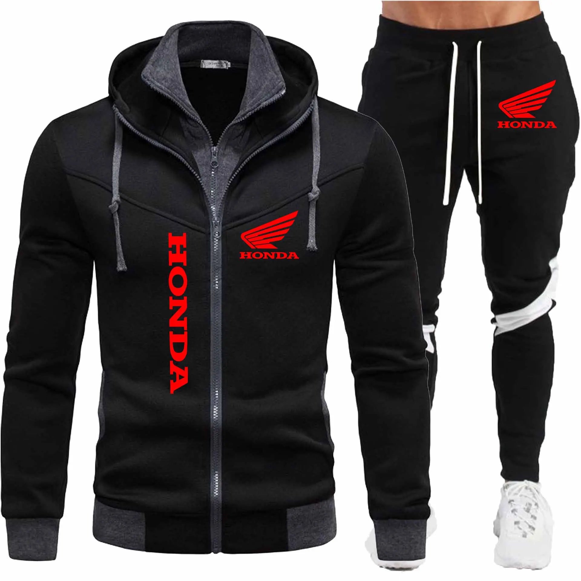 honda Logo Men's  2026 autumn and winter sports splicing men's jacket casual long sleeved pants hooded sports men's set two-piec