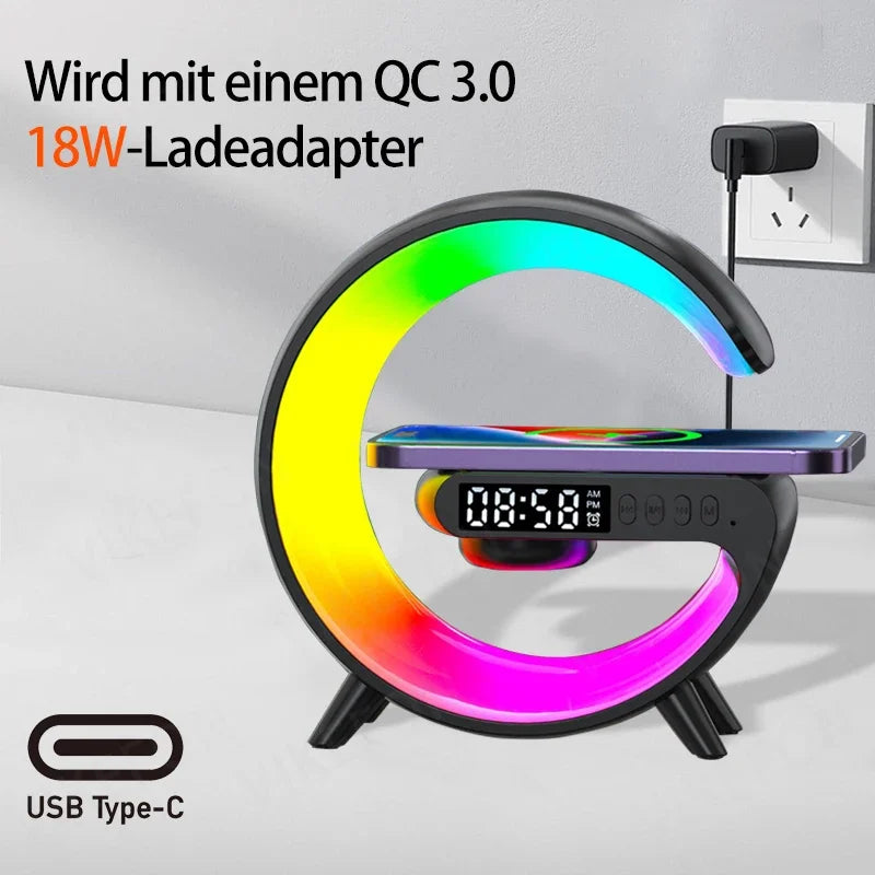 Multi-functional Desktop Clock Alarm Bluetooth Speaker Creativity RGB Night Light Wireless Charger Station For iPhone Samsung