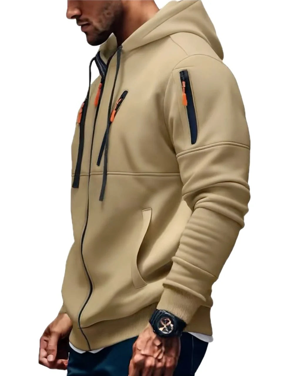 Spring Autumn New Men's Multi Pocket Casual Zipper Black Gray Khaki Hoodie Fashion Sports Street Men Sweatshirt