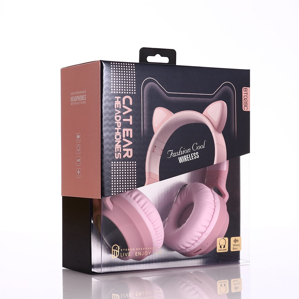LED Light Wireless Headset with Cat Ear Design - Music Headphones for Girls, Daughters, Bluetooth Headset with TF Card Support and FM Radio