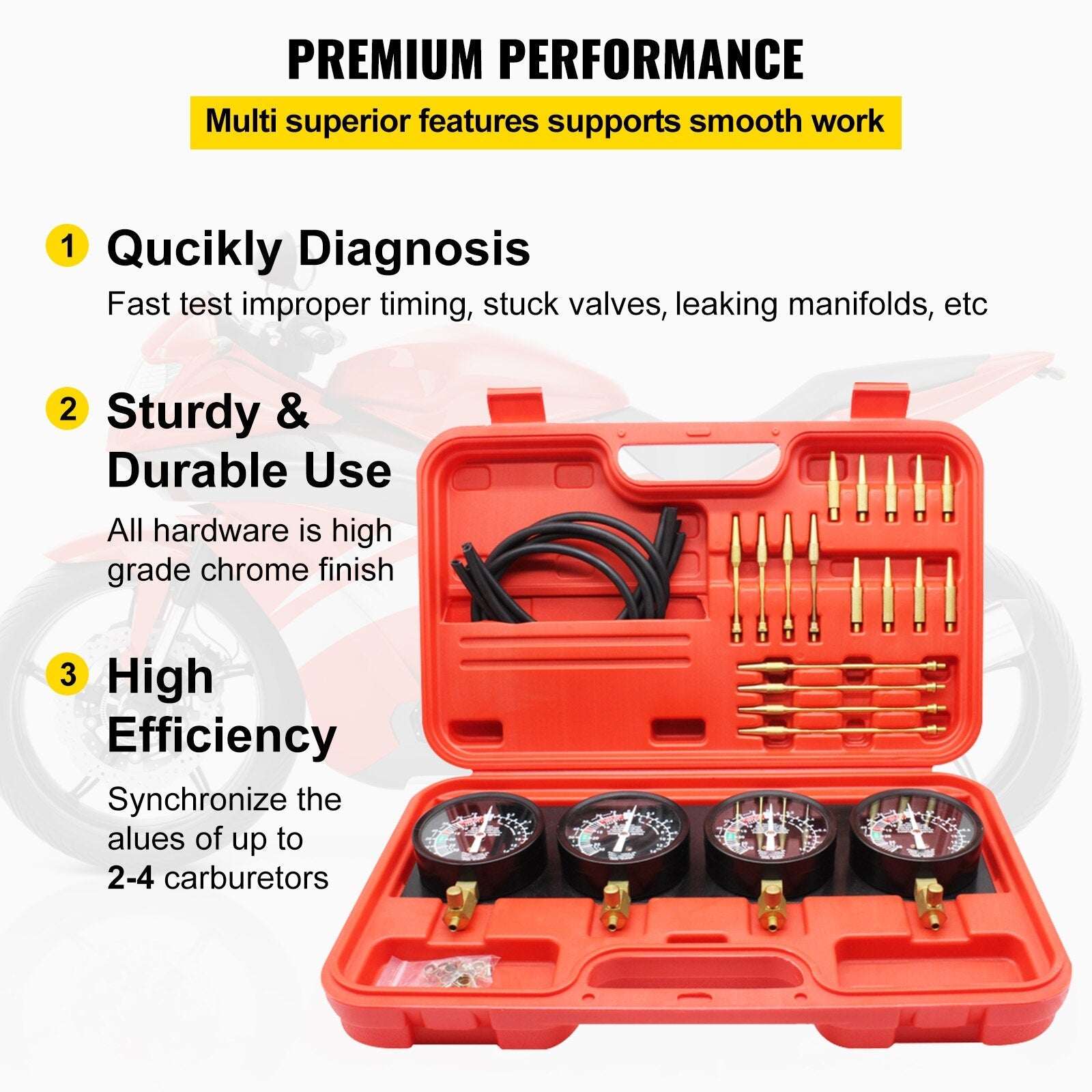 4-Gauge Carburetor Synchronizer Kit: Achieve Perfect Fuel Balance and Performance Tuning for Your Motorcycle with Precision and Ease!