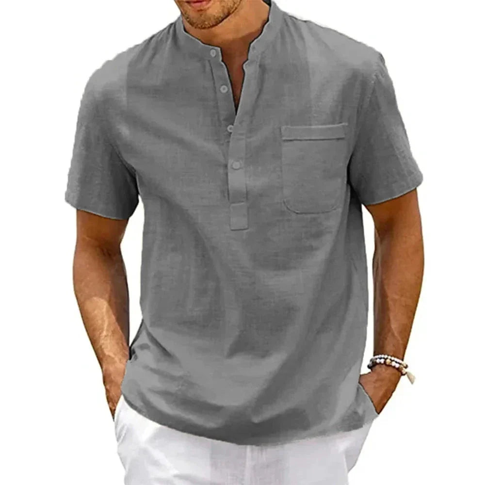Mandotos Cotton Linen Henley Shirt for Men Pocket Short Sleeve Beachwear Vintage Streetwear