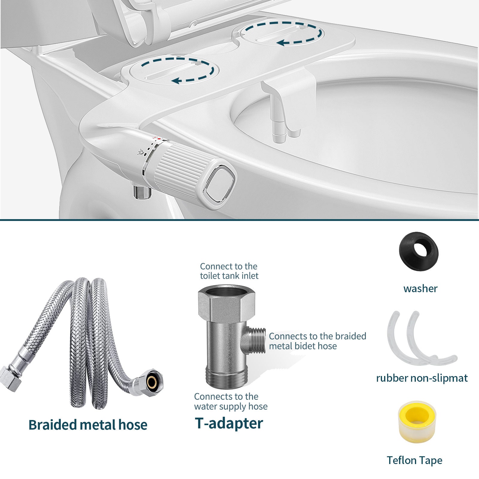 Dual Nozzle Bidet Non-Electric Toilet Attachment with Adjustable Water Pressure and Brass Inlet