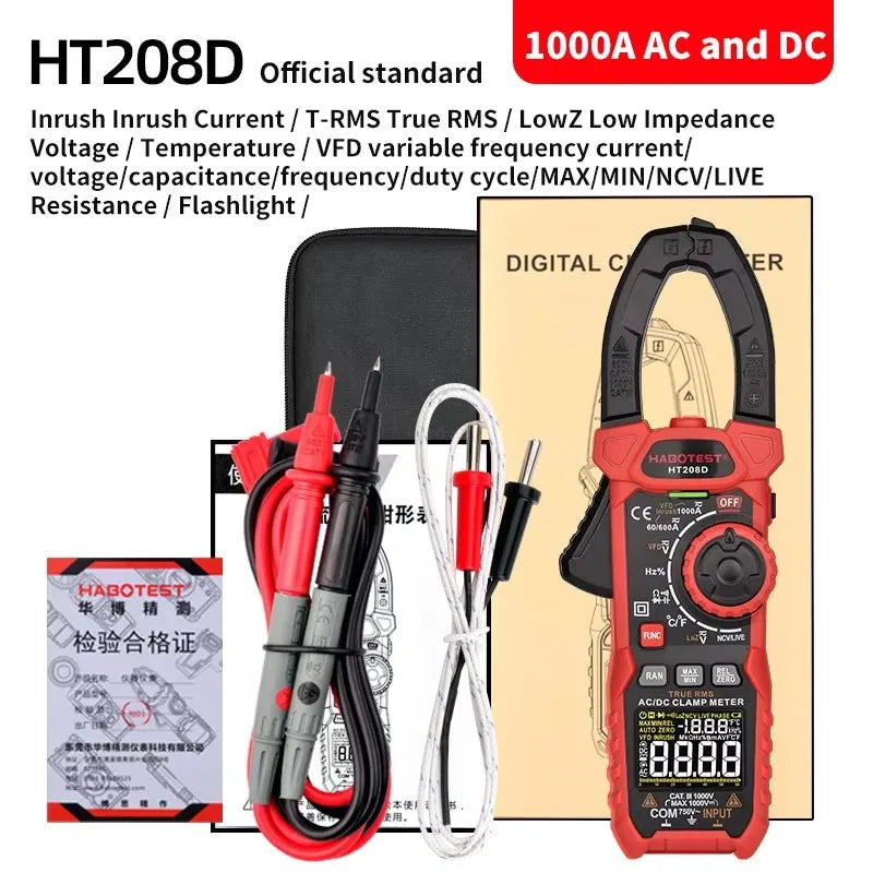 HT208 206 Digital Clamp Meter Pro 1000A 1000V AC DC Current Clamp True RMS Pliers Ammeter Voltmeter VFD REL Ohm Capacitor Tester