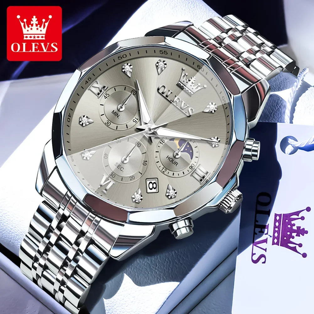 OLEVS 3670 Men's Watches Fashion Waterproof Calendar Luminous Moon Phase Quartz Watch Man Chronograph Clock