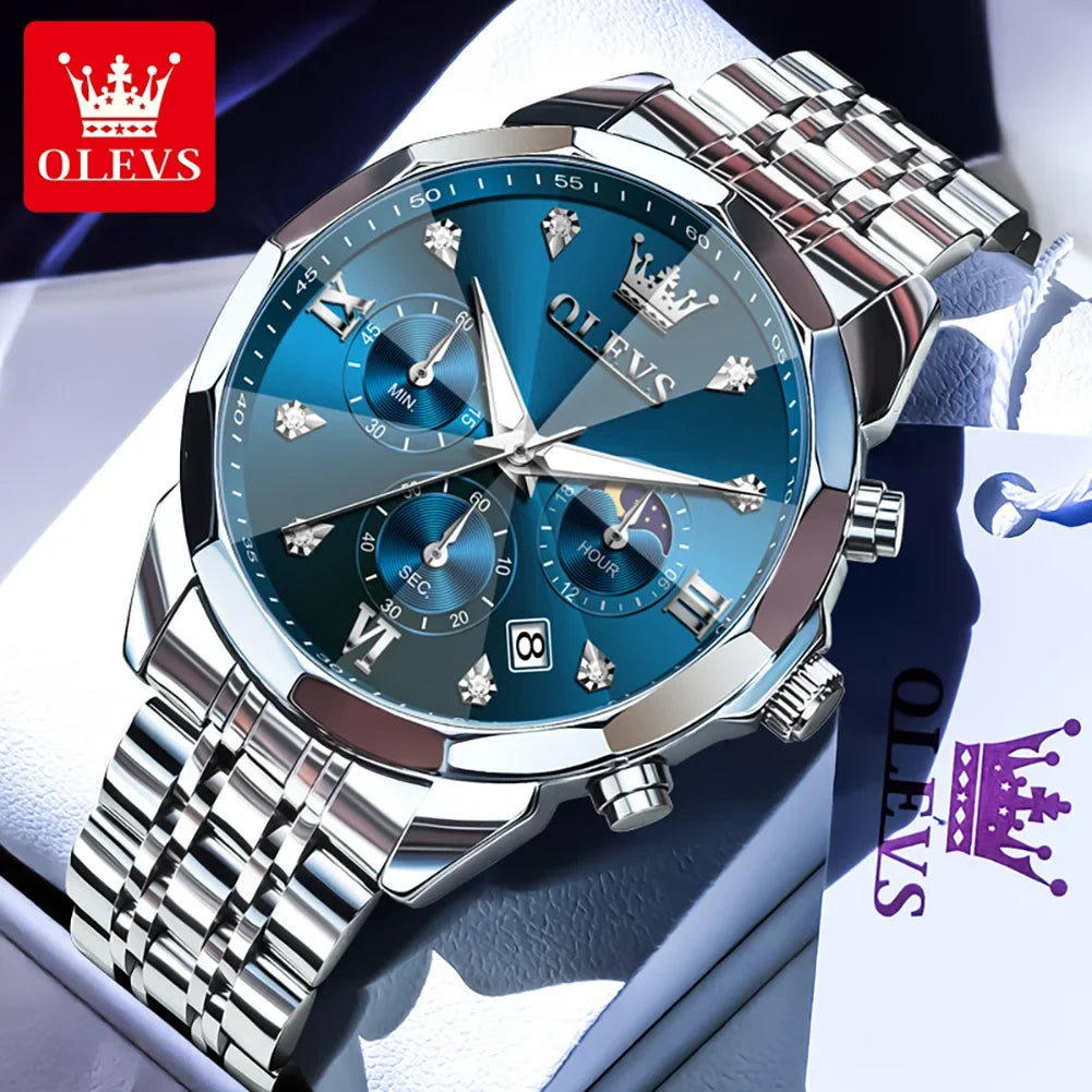 OLEVS 3670 Men's Watches Fashion Waterproof Calendar Luminous Moon Phase Quartz Watch Man Chronograph Clock