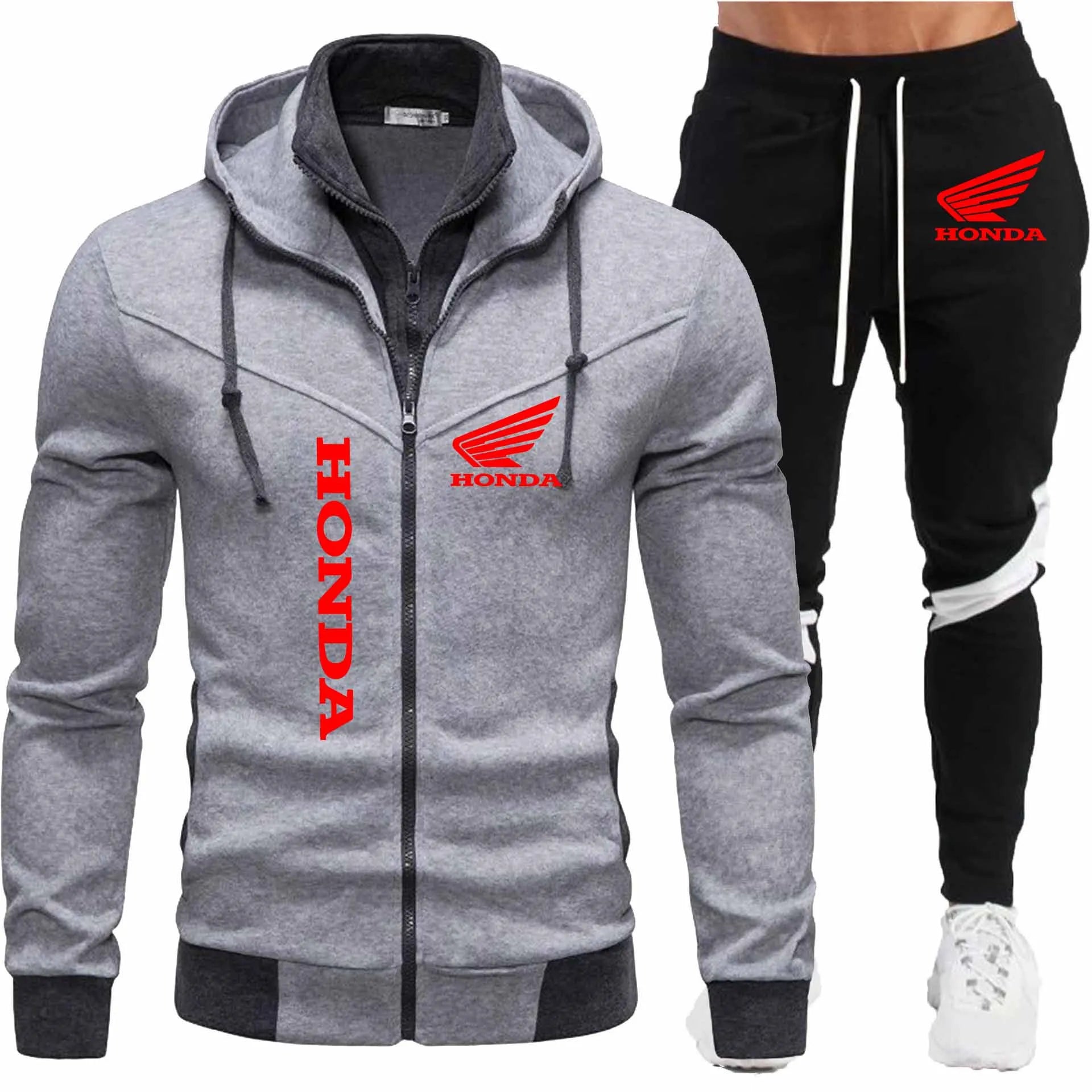honda Logo Men's  2026 autumn and winter sports splicing men's jacket casual long sleeved pants hooded sports men's set two-piec