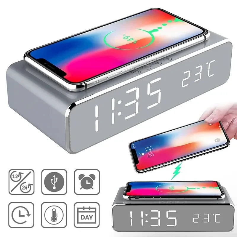LED Digital Date Thermometer Time Alarm Desk Table Clock Alarm 3 in 1 Wireless Charging Stand for iPhone 12 13 14 15 16 Samsung