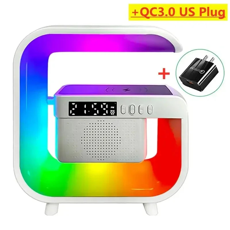 Wireless Charger Stand Pad Bluetooth Speaker Alarm Clock RGB Light Night Lamp Fast Charging Station for iPhone Samsung Xiaomi