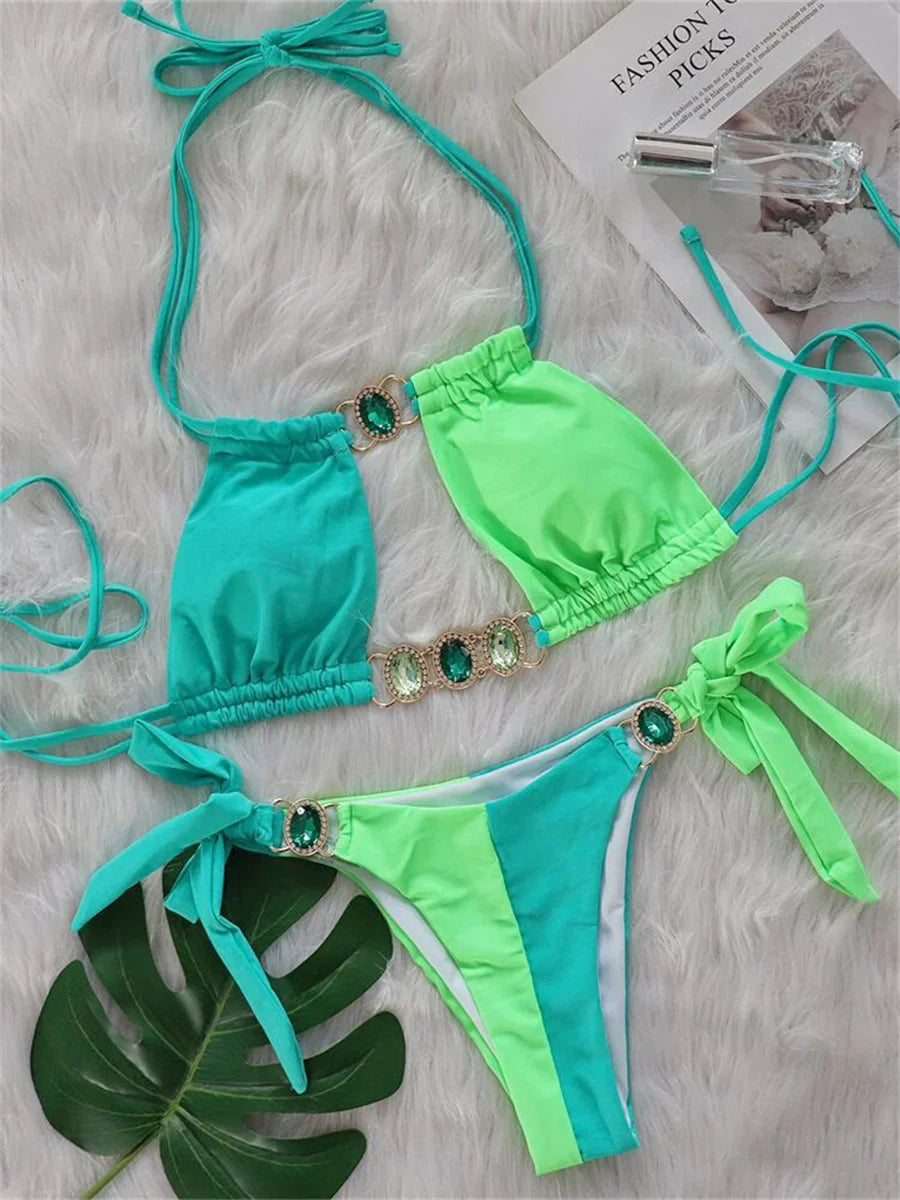 Rhinestones Splicing Bikini