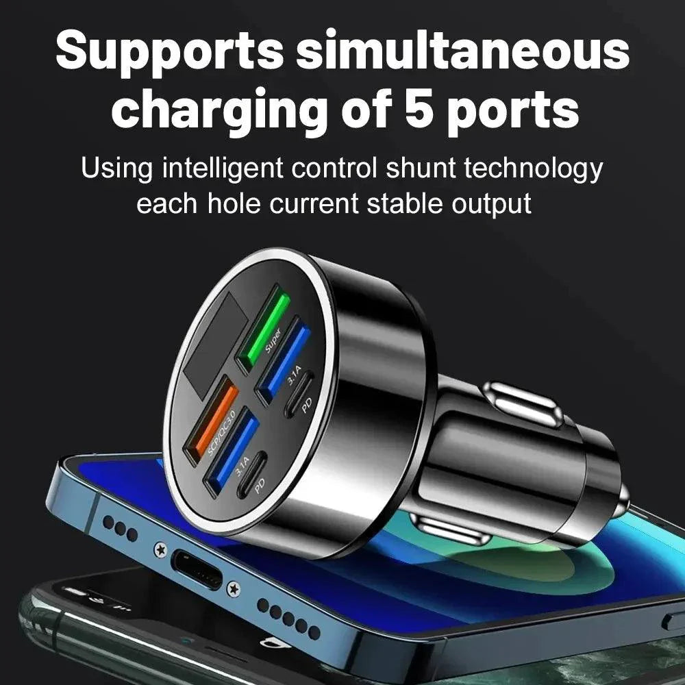 66-250W PD Car Charger QC3.0 Fast Charge with Digital Display 4USB and 2PD Ports for Car Cigarette Lighter Plug
