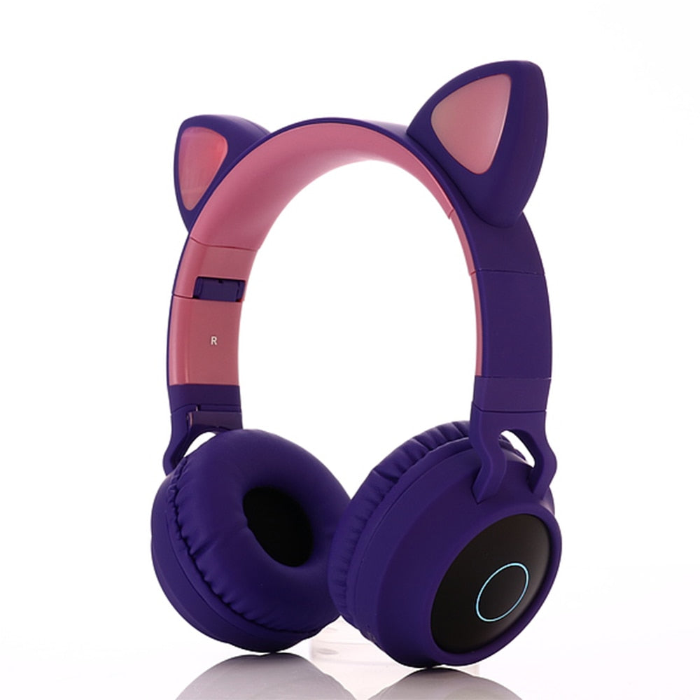 LED Light Wireless Headset with Cat Ear Design - Music Headphones for Girls, Daughters, Bluetooth Headset with TF Card Support and FM Radio