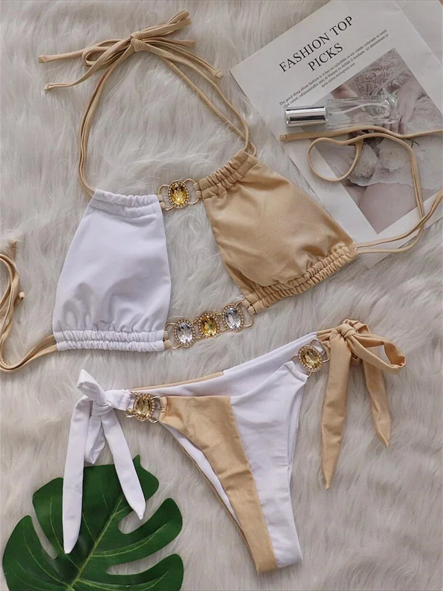 Rhinestones Splicing Bikini